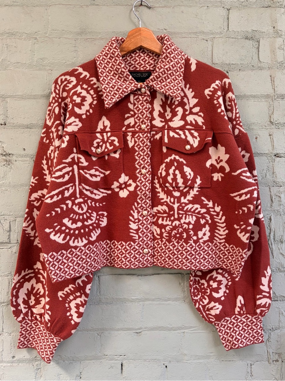 Floral Jacquard Sweater Jacket in Rust Brown and White